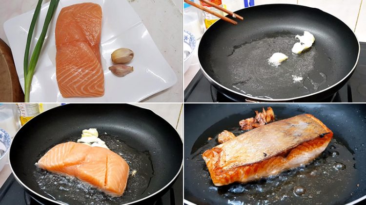 Tiến hành nấu cá hồi áp chảo